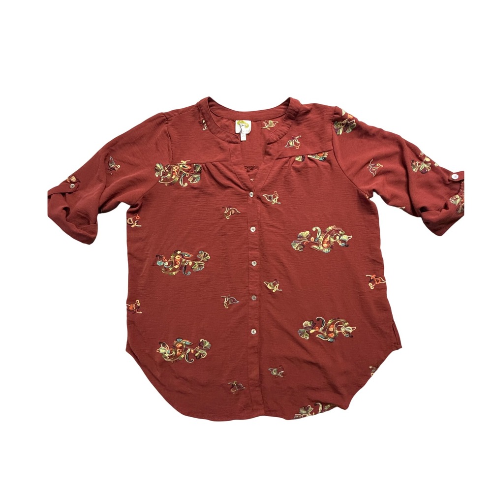 Fig and Flower Rust Red Embroidered Paisley Roll Tab Sleeve Blouse 2X